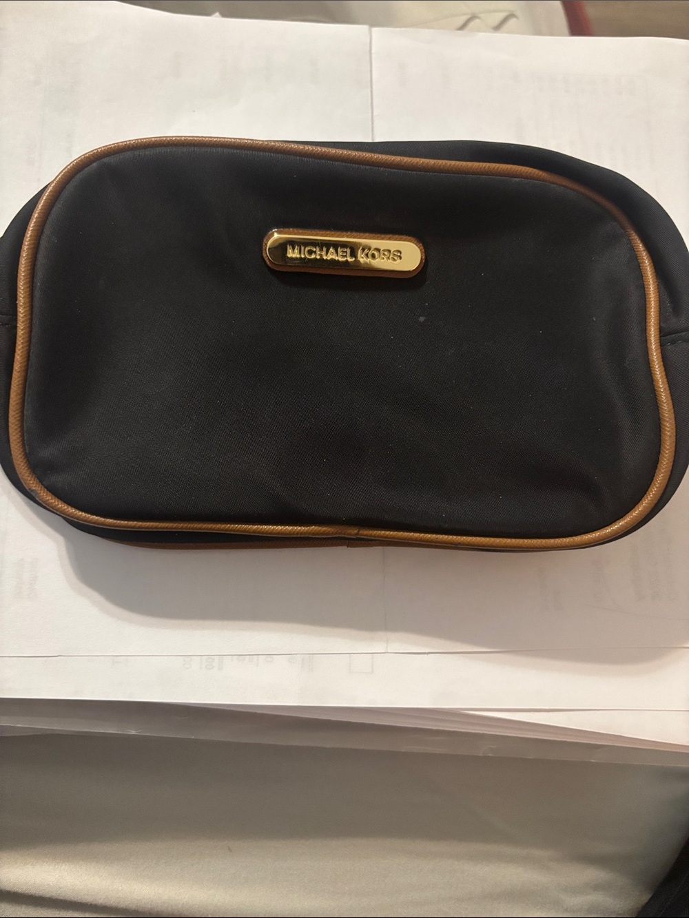 Michael Kors Black Toiletry Bag with Brown Trim and Gold Logo